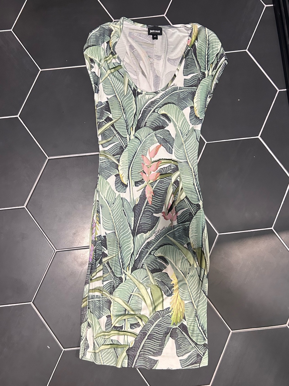 Just Cavalli - Green Tropical Leaf Scoop Neck Dress with Pink Accents - Size XS